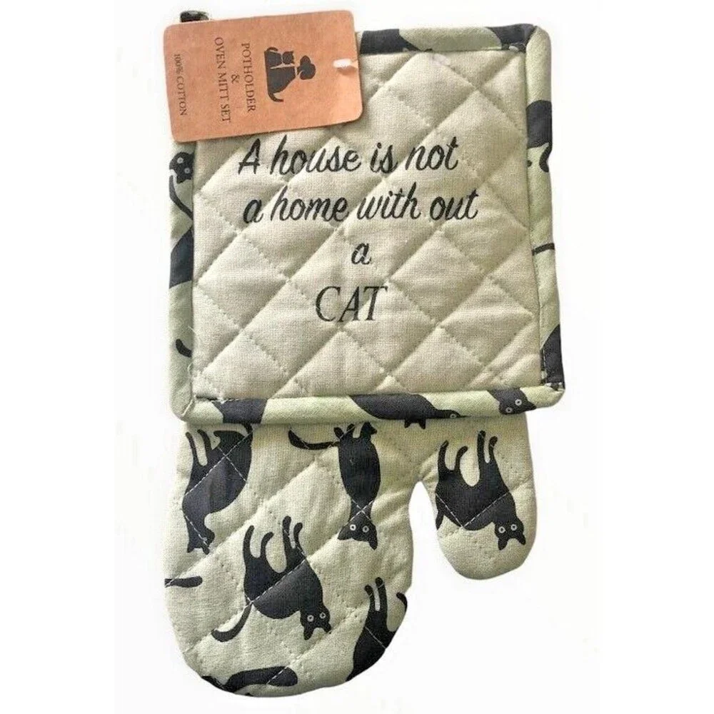 Cat Kitchen Oven Mitt Potholder Set Kitty Kitten Pet House Home Without a Cat